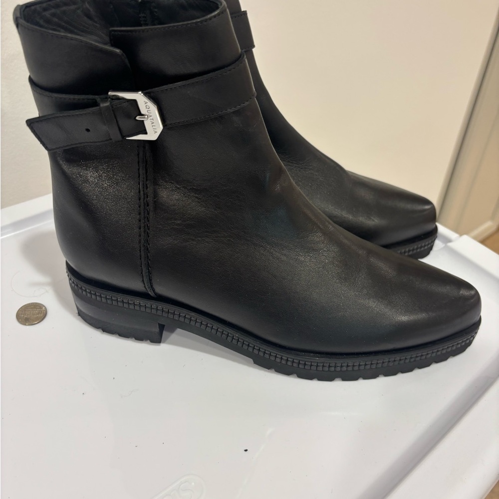 Aquatalia Black Leather Ankle Booties with Buckle Detail